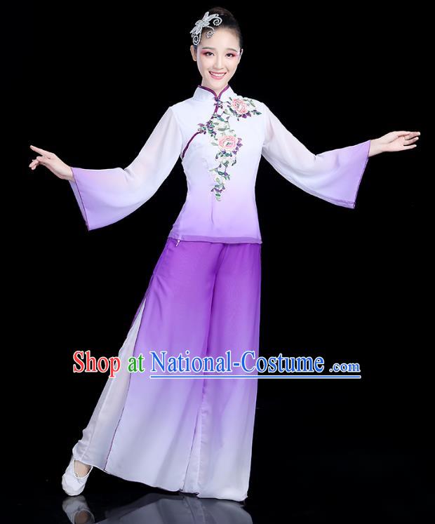 Traditional Chinese Yangge Fan Dance Embroidered Purple Costume, China Classical Folk Dance Yangko Umbrella Dance Clothing for Women