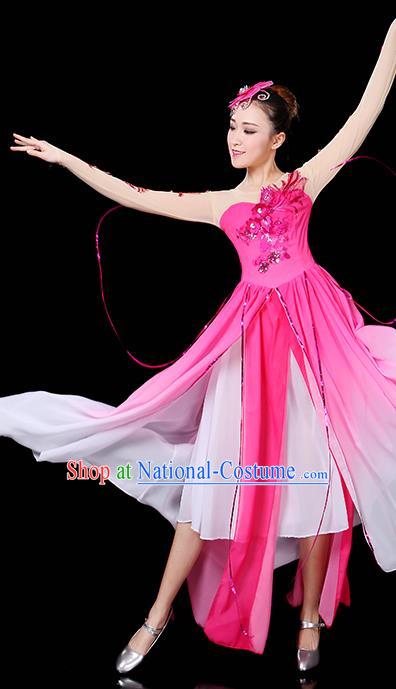 Traditional Chinese Modern Dance Opening Dance Clothing Chorus Yangko Dance Pink Long Dress for Women