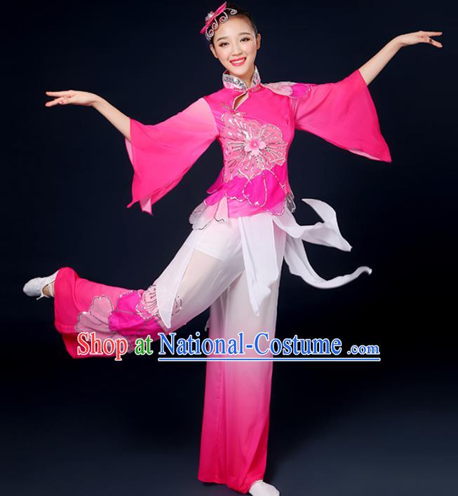 Traditional Chinese Yangge Fan Dance Embroidered Pink Uniform, China Classical Folk Yangko Drum Dance Clothing for Women