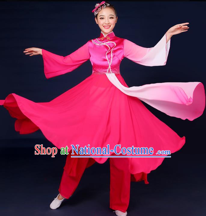 Traditional Chinese Yangge Fan Dance Embroidered Pink Dress, China Classical Folk Yangko Umbrella Dance Clothing for Women