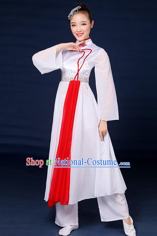 Traditional Chinese Yangge Fan Dance Embroidered White Dress, China Classical Folk Yangko Umbrella Dance Clothing for Women