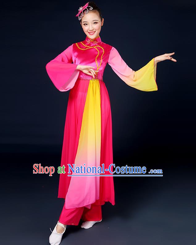 Traditional Chinese Yangge Fan Dance Embroidered Rosy Dress, China Classical Folk Yangko Umbrella Dance Clothing for Women