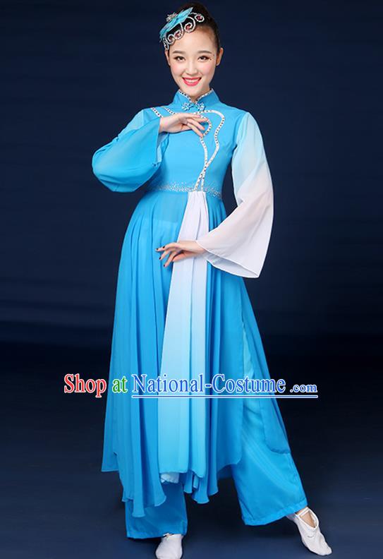 Traditional Chinese Yangge Fan Dance Embroidered Blue Dress, China Classical Folk Yangko Umbrella Dance Clothing for Women