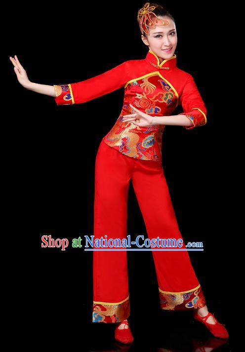 Traditional Chinese Yangge Fan Dance Red Costume, China Classical Folk Dance Yangko Drum Dance Clothing for Women