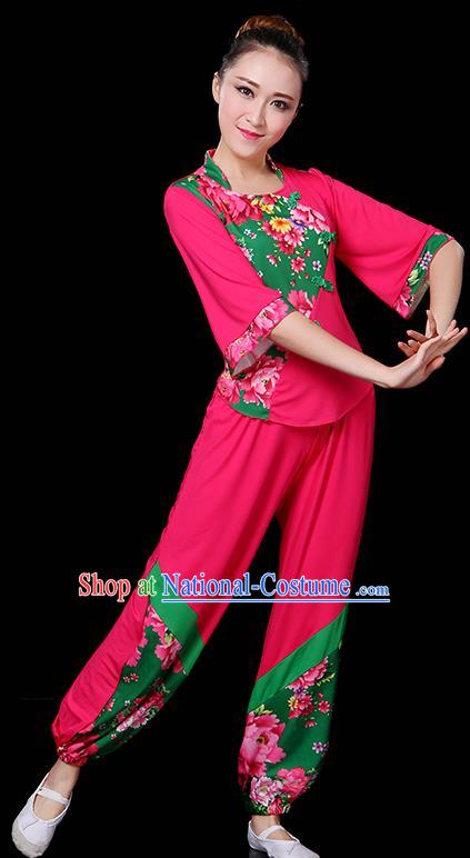 Traditional Chinese Yangge Fan Dance Rosy Uniform, China Classical Folk Yangko Drum Dance Clothing for Women