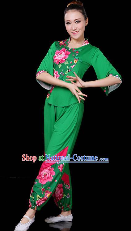 Traditional Chinese Yangge Fan Dance Green Uniform, China Classical Folk Yangko Drum Dance Clothing for Women