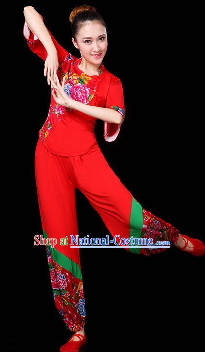 Traditional Chinese Yangge Fan Dance Red Uniform, China Classical Folk Yangko Drum Dance Clothing for Women