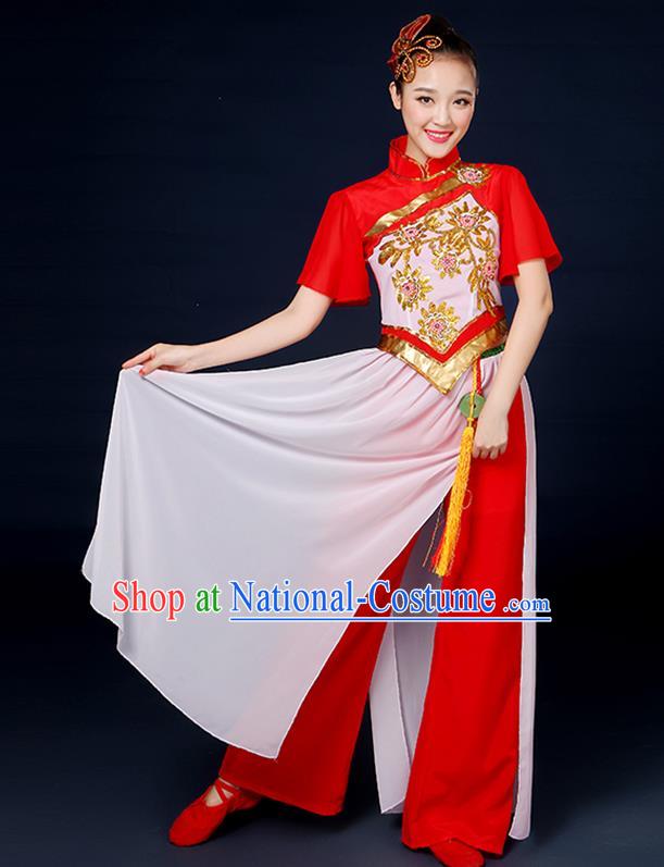 Traditional Chinese Yangge Fan Dance Red Uniform, China Classical Folk Dance Yangko Drum Dance Clothing for Women