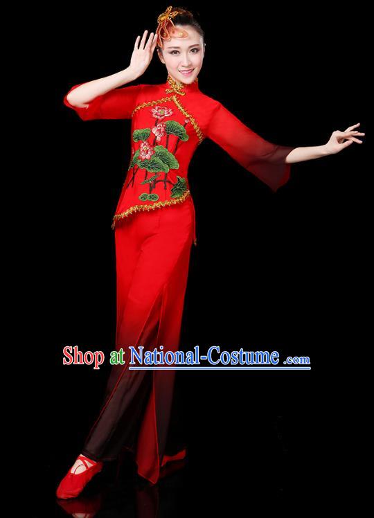 Traditional Chinese Yangge Fan Dance Embroidered Lotus Red Uniform, China Classical Folk Yangko Drum Dance Clothing for Women