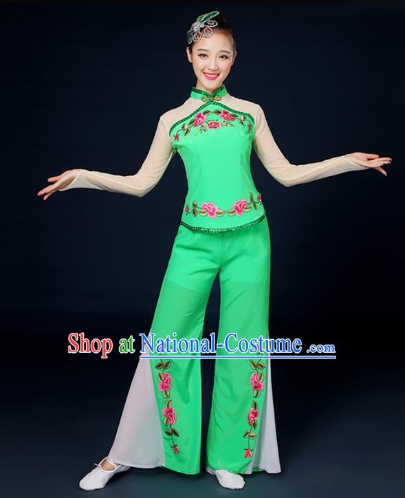 Traditional Chinese Yangge Fan Dance Embroidered Peony Green Uniform, China Classical Folk Yangko Drum Dance Clothing for Women