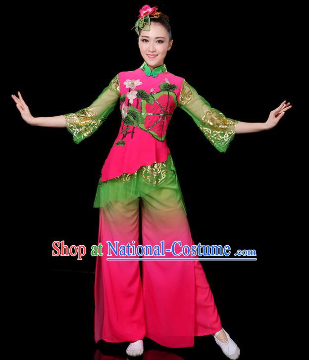 Traditional Chinese Yangge Fan Dance Embroidered Lotus Uniform, China Classical Folk Yangko Drum Dance Clothing for Women