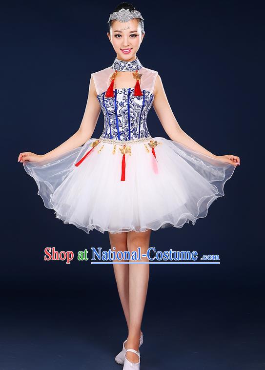 Traditional Chinese Modern Dance Opening Dance Clothing Chorus Classical Dance Short Bubble Dress for Women