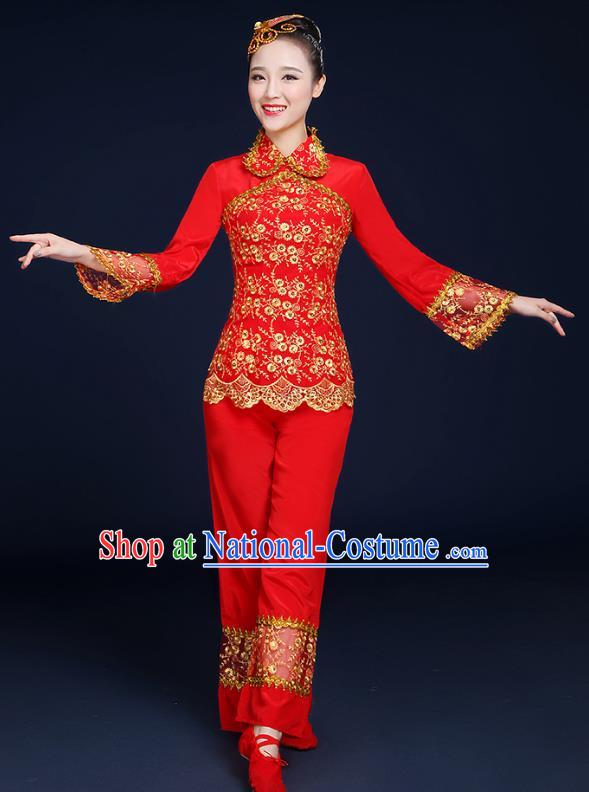 Traditional Chinese Folk Yangge Fan Classical Dance Red Uniform, China Yangko Drum Dance Clothing for Women