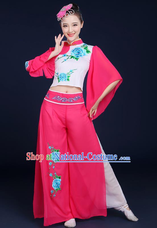 Traditional Chinese Folk Yangge Fan Classical Dance Peony Pink Uniform, China Yangko Drum Dance Clothing for Women