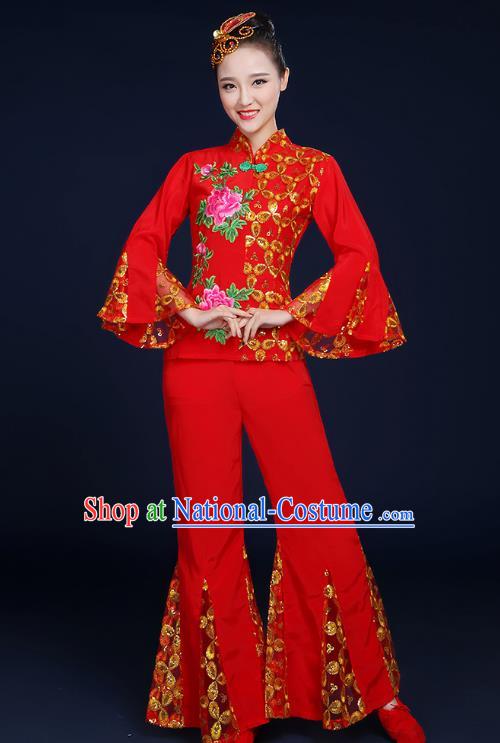 Traditional Chinese Folk Yangge Fan Classical Dance Embroidered Red Uniform, China Yangko Drum Dance Clothing for Women