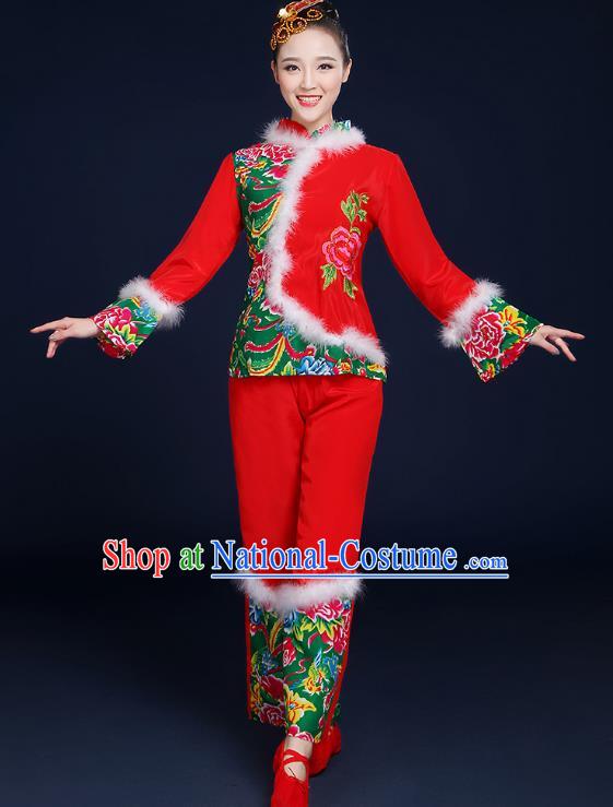 Traditional Chinese Folk Yangge Fan Classical Dance Red Uniform, China Yangko Drum Dance Clothing for Women