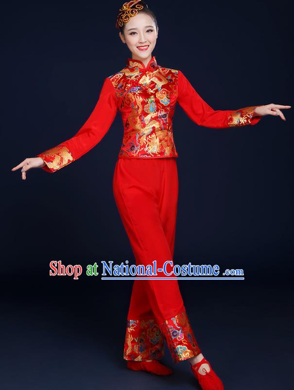 Traditional Chinese Folk Yangge Fan Classical Dance Red Uniform, China Yangko Drum Dance Clothing for Women