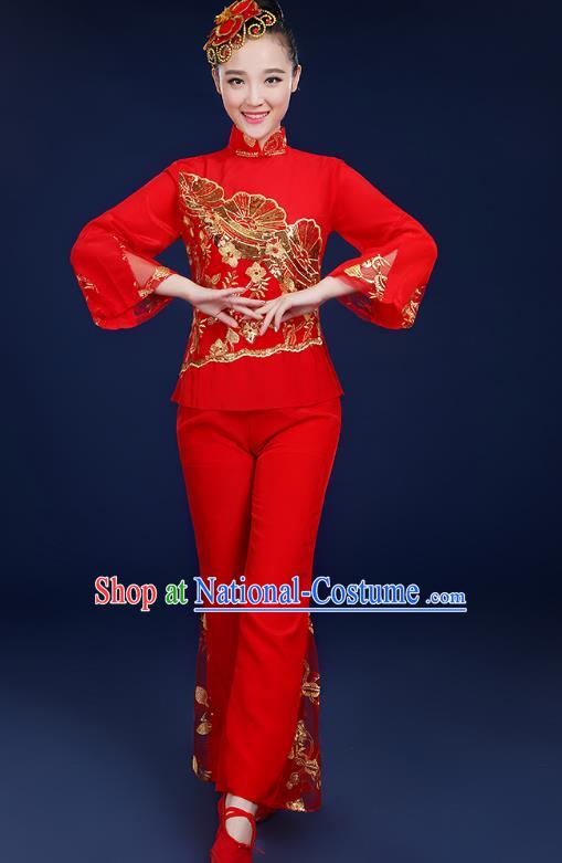 Traditional Chinese Folk Fan Dance Classical Dance Red Uniform, China Yangko Drum Dance Clothing for Women