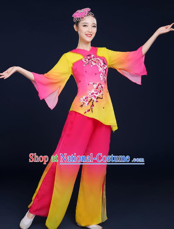 Traditional Chinese Folk Fan Dance Classical Dance Pink Uniform, China Yangko Drum Dance Clothing for Women