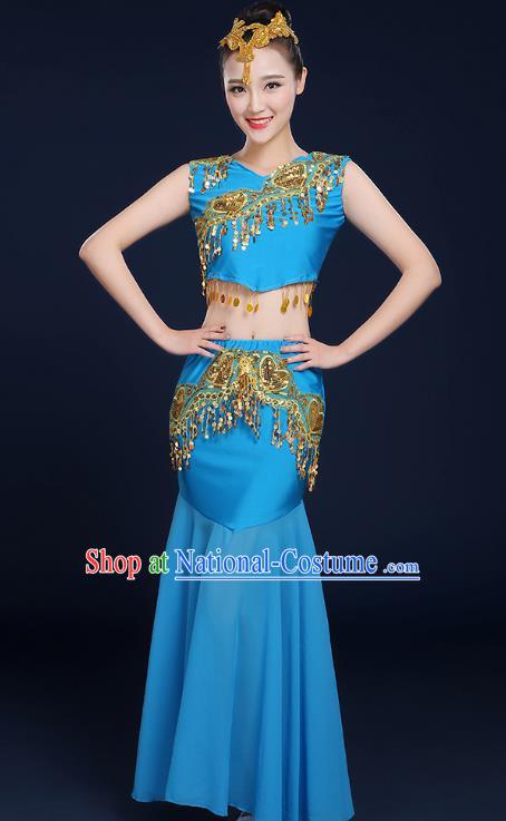 Traditional Chinese Dai Nationality Peacock Dance Costume, China Folk Dance Pavane Blue Dress for Women