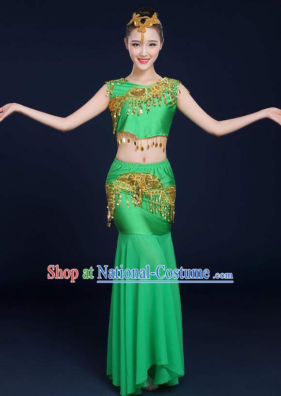 Traditional Chinese Dai Nationality Peacock Dance Costume, China Folk Dance Pavane Green Dress for Women