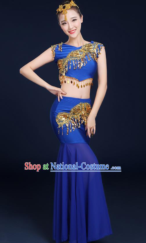 Traditional Chinese Dai Nationality Peacock Dance Costume, China Folk Dance Pavane Royalblue Dress for Women