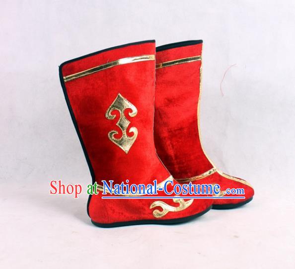 Asian Chinese Beijing Opera Embroidered Red Boots, Traditional China Peking Opera General Hanfu Shoes