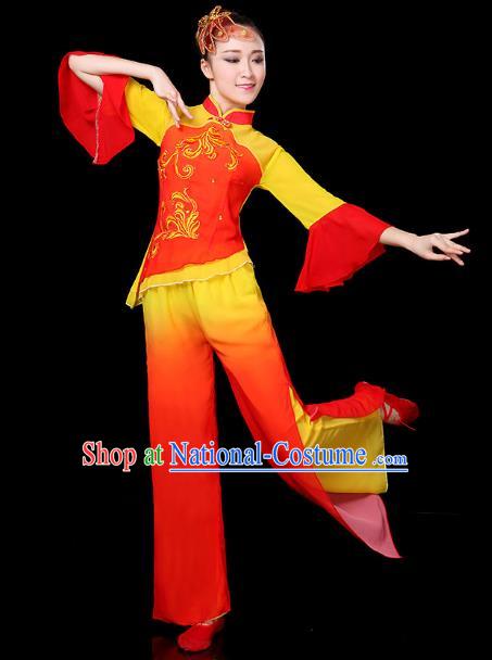 Traditional Chinese Yangge Fan Classical Dance Red Uniform, China Folk Yangko Drum Dance Clothing for Women