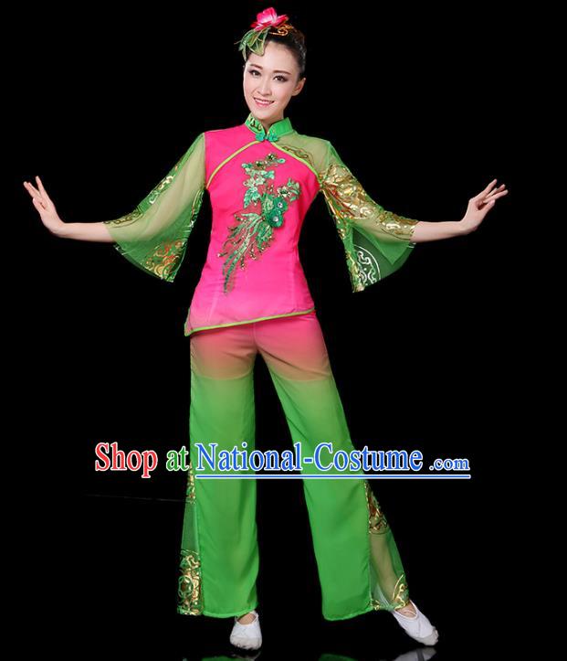 Traditional Chinese Yangge Fan Classical Dance Green Uniform, China Folk Yangko Drum Dance Clothing for Women