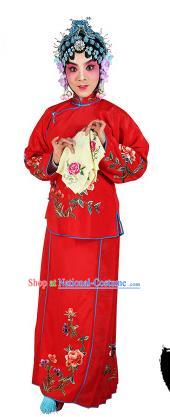 Chinese Beijing Opera Actress Embroidered Peony Costume, China Peking Opera Servant Girl Embroidery Red Clothing