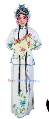 Chinese Beijing Opera Actress Embroidered Peony Costume, China Peking Opera Servant Girl Embroidery White Clothing