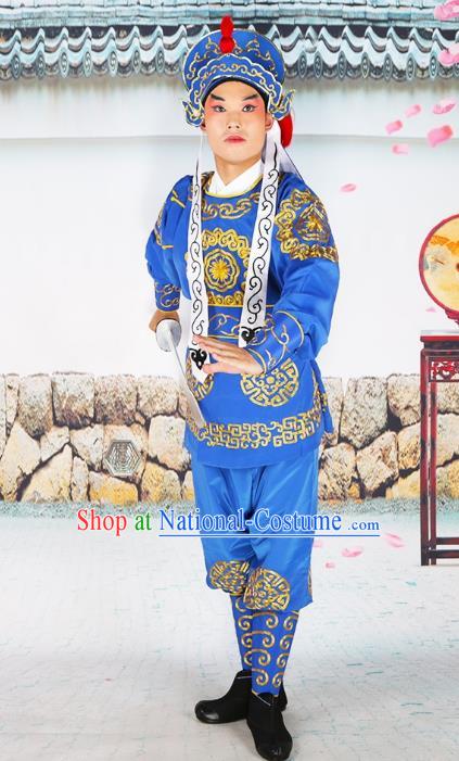 Chinese Beijing Opera Takefu Embroidered Blue Costume, China Peking Opera Soldier Embroidery Clothing