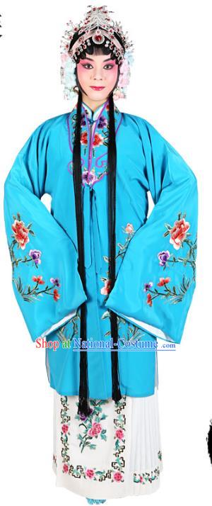 Chinese Beijing Opera Actress Embroidered Peony Costume, Traditional China Peking Opera Diva Embroidery Blue Clothing