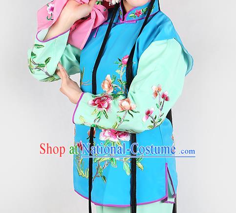 Chinese Beijing Opera Servant Girl Costume Embroidered Blue Vest, China Peking Opera Actress Embroidery Waistcoat Clothing