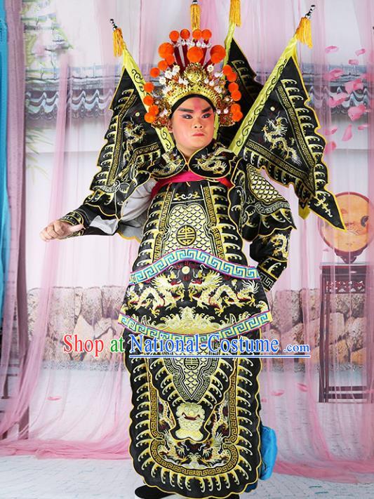 Chinese Beijing Opera General Costume Black Embroidered Robe, China Peking Opera Embroidery Gwanbok Clothing