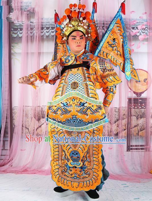 Chinese Beijing Opera General Costume Yellow Embroidered Robe, China Peking Opera Embroidery Gwanbok Clothing