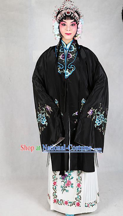 Chinese Beijing Opera Actress Embroidered Peony Black Costume, Traditional China Peking Opera Diva Embroidery Clothing