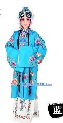 Chinese Beijing Opera Young Lady Embroidered Peony Costume, China Peking Opera Actress Embroidery Blue Clothing