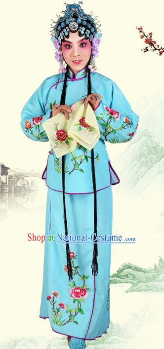 Chinese Beijing Opera Actress Embroidered Peony Costume, China Peking Opera Servant Girl Embroidery Blue Clothing