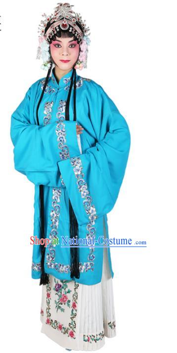 Chinese Beijing Opera Actress Costume Blue Embroidered Cape, Traditional China Peking Opera Nobility Lady Embroidery Clothing