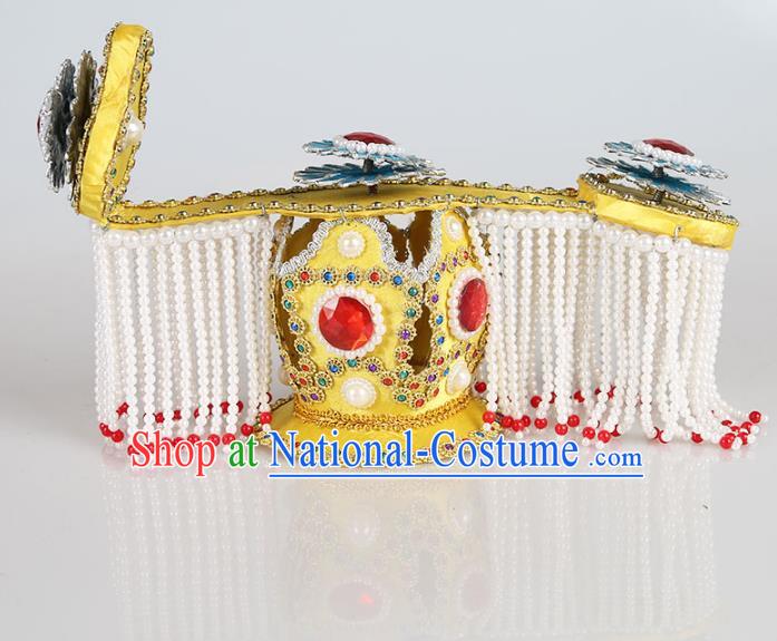 Asian Chinese Beijing Opera Emperor Tassel Hats, Traditional China Peking Opera Majesty Crown Headwear