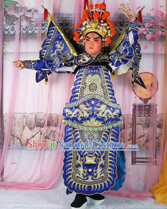 Chinese Beijing Opera General Costume Blue Embroidered Robe, China Peking Opera Warrior Embroidery Gwanbok Clothing