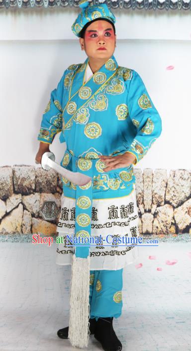 Chinese Beijing Opera Warrior Blue Embroidered Costume, China Peking Opera Takefu Embroidery Clothing