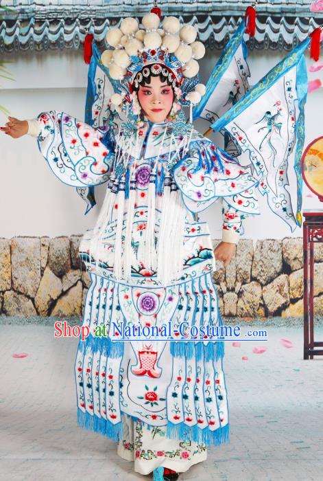 Chinese Beijing Opera Female General White Embroidered Costume, China Peking Opera Blues Embroidery Clothing