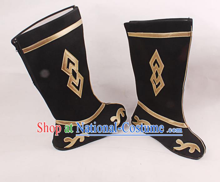 Asian Chinese Beijing Opera Takefu Black Embroidered Shoes, Traditional China Peking Opera Young Men Hanfu Boots