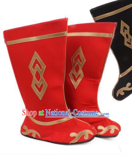 Asian Chinese Beijing Opera Takefu Red Embroidered Shoes, Traditional China Peking Opera Young Men Hanfu Boots