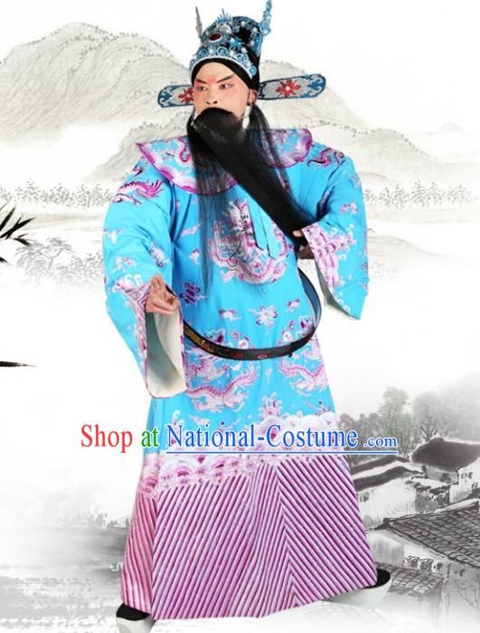 Chinese Beijing Opera Royal Highness Costume Blue Embroidered Robe, China Peking Opera Prime Minister Embroidery Gwanbok Clothing