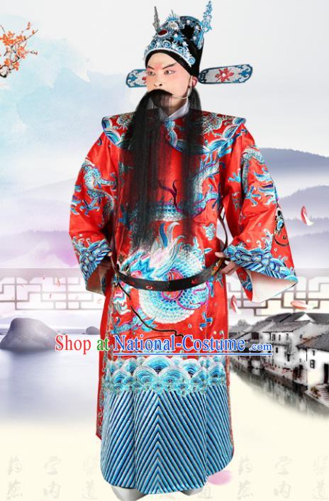 Chinese Beijing Opera Royal Highness Costume Red Embroidered Robe, China Peking Opera Prime Minister Embroidery Gwanbok Clothing