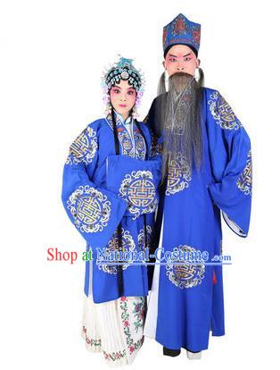 Chinese Beijing Opera Old Men and Women Embroidered Blue Costume, China Peking Opera Ministry Councillor Landlord Shiva Embroidery Clothing