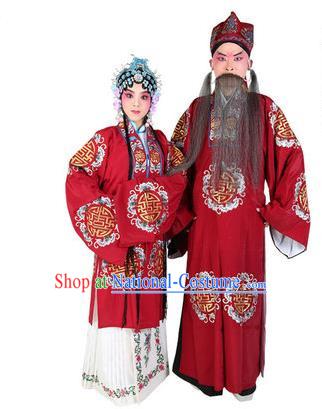 Chinese Beijing Opera Old Men and Women Embroidered Red Costume, China Peking Opera Ministry Councillor Landlord Shiva Embroidery Clothing